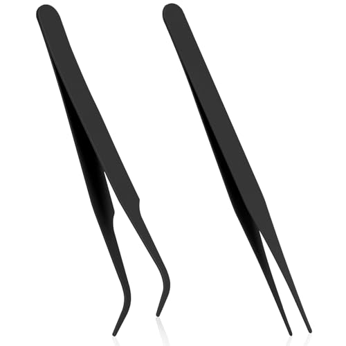 Tweezers for Crafting, 2 Pcs Stainless Steel Sticker Tweezers Kit Multipurpose Straight and Curved Tip Tweezers Small Jewelry Making Tools for DIY Intricate Projects, Cardmaking, Scrapbooking - Black - color: Black