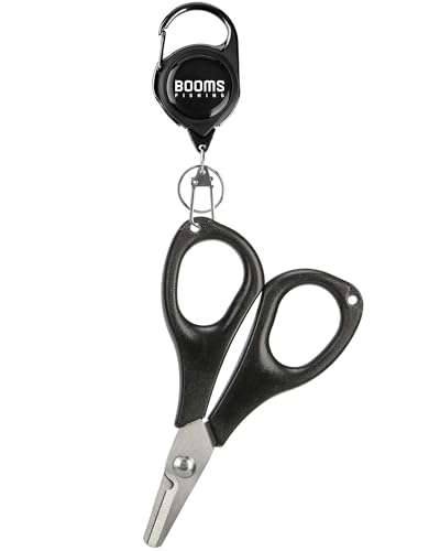Booms Fishing S01 Fishing Scissors for Braided Line, Fishing Line Cutter Saltwater and Freshwater, Fishing Serrated Shears with Retractor, 3.9” Black