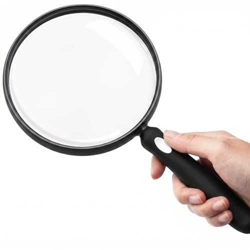 10X Large Magnifying Glass for Reading, Upgraded Handheld Magnifier with 5.12inch Anti-Glare Lens, Non-Slip Handle for Close Work, Seniors Reading, Kids Nature Exploration, Hobby Observation