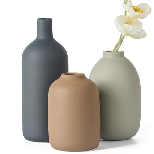 Ceramic Vase Set of 3,Neutral Modern Vases for Bouquet Pampas Grass Dried Fresh Flowers,Rustic Home Decor for Living Room,Bedroom Entryway - color: Neutral Set of 3