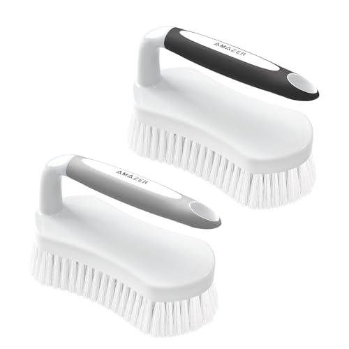 Amazer Scrub Brush for Cleaning Comfort Grip Bathtub Scrubber Stiff Bristles with Handle Heavy Duty Shower Cleaner Brush for Tub Carpet Floor Sink Outdoor - Pack of 2 (Black+Grey) - color: Black+grey