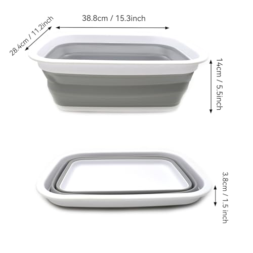 SAMMART 9.2L (2.37Gallon) Collapsible Wash Basin - Foldable Outdoor Picnic Basket - Portable Plastic Tub - Space Saving Storage Container with size : 15.3 x 11.2 x 5.5 / 1.5" (M, Gray) - color: Gray, size: M