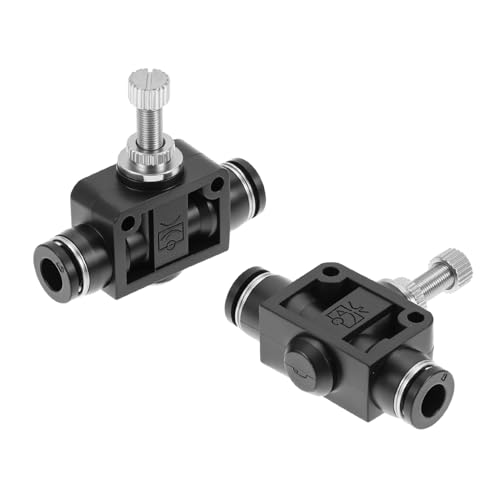 QWORK 1/4 Copper Air Flow Control Valve with Push-to-Connect Fitting, 1/4" Tube OD, Union Pneumatic Speed Control Flow Controller, 5 Pack