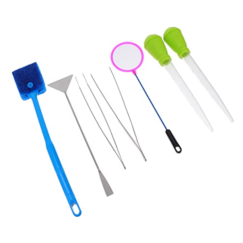 7pcs Aquarium Cleaning Tools Set Stainless Steel Aquascaping Tweezers Fish Tank Brush and Net for Easy Maintenance and Care of Aquatic Plants and Fish Random Color