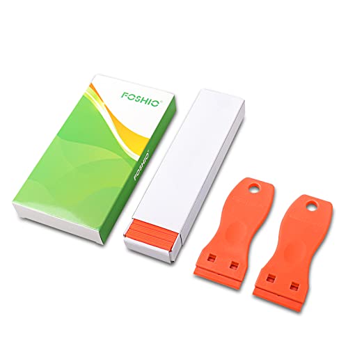 FOSHIO 2PCS Orange Plastic Razor Blade Scraper Tool and 100PCS Orange Plastic Blades for Gasket Remover, Sticker Remover, Labels Decal and Adhesive Remover for Windows and Glass - color: Orange