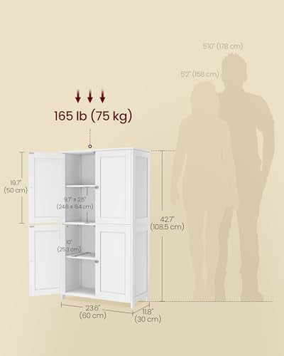VASAGLE Floor Storage Cabinet, Shaker Cabinet with 2 Adjustable Shelves, 4 Doors, Tall Freestanding Organizer Unit, for Kitchen Bathroom Living Room, Cloud White UBBC553WH01S - color: Cloud White, style: 4 Doors（42.7"）