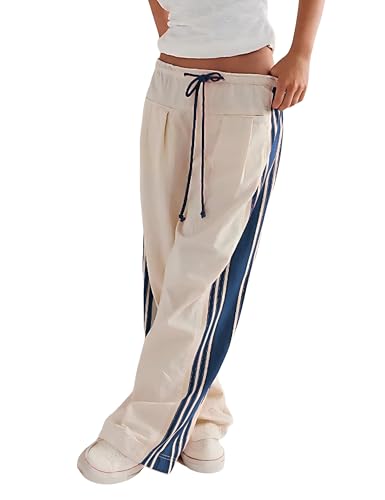 Hongsui Women's Wide Leg Pants Drawstring High Rise Side Striped Slouchy Palazzo Pants with Pockets - color: Apricot, size: Small