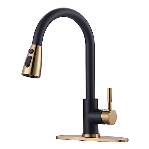 Black and Gold Kitchen Faucet with Sprayer, WOWOW Kitchen Sink Faucet Stainless Steel Single Handle Kitchen Faucets with Deck Plate, 360 Swivel High Arc Single Hole RV Kitchen Faucet - color: Black & Gold, style: Kitchen Faucet