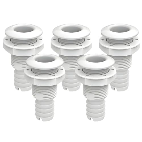 SEAFLO Thru Hulls Fitting Thru-Hull with Check Valve, 5/8”, 3/4”, 1”, 1-1/8”, 1-1/4”, 1-1/2”, or 2” Sizes, White/Black, Polypropylene/Nylon, 4-Year Warranty, (Choose Color, Size, and Pack Size) - color: White, size: 1-1/4", style: 5-pack