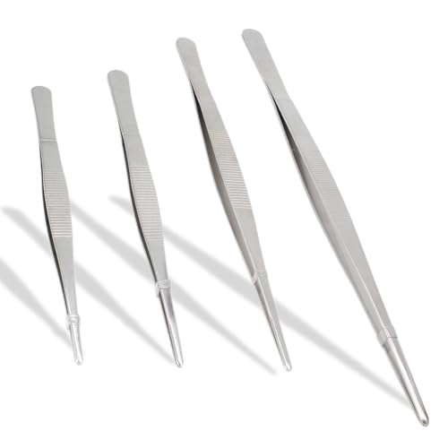 4Pcs 304 Stainless Steel Tweezer Set, 7" 8" 10" 12" Long Tweezers with Precision Serrated Straight Tips, Non-slip Kitchen Tweezers for Cooking Baking Crafts Tank Aquarium Terrarium