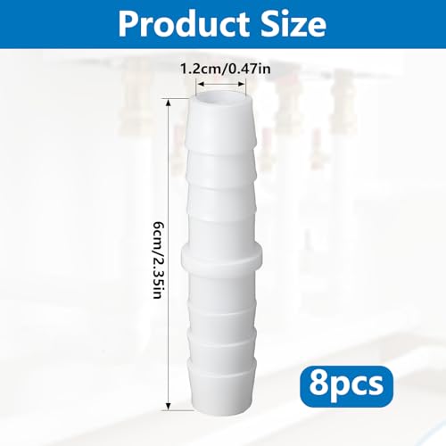 Plastic Barbed Straight Hose Fittings 8 Pcs, 1/2 Inch to 1/2 Inch Hose Mender Coupler, White Pipe Connectors for Aquarium, Gas, Fuel, Air & Water Tube Connection
