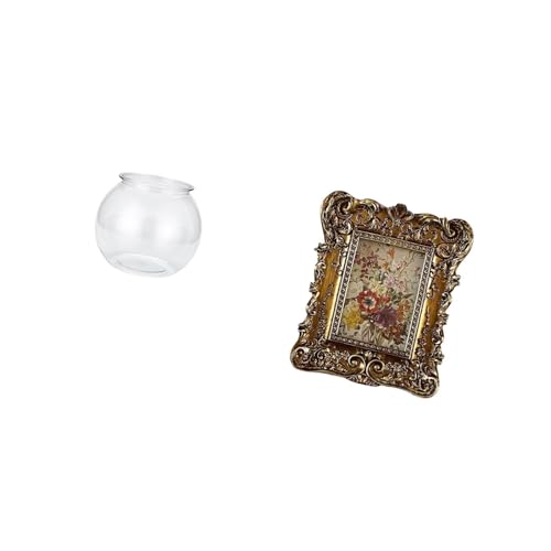 Baoblaze Transparent Small Fish Tank for Small Fish Round Ornament Aquarium Bowl Vase Table Office Hand Carved Floral Photo Frame Picture Holder Ta