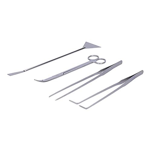 4 in 1 Aquarium Tools Kit, Aluminum Alloy Fish Tools, Plant Aquascaping Tool Set with Straight Tweezer, Curved Tweezer, Spatula and Scissor
