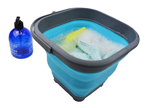 SAMMART Collapsible Plastic Bucket - Foldable Tub - Portable Fishing Water Pail - Space Saving Outdoor Waterpot (Grey/Ocean Blue, 5.5L Square)