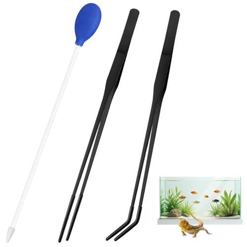 3 Pcs Multi-Functional Axolotl Tank Accessories, Pro-Grade Straight and Curved Long Tweezers with Extended Reach and Ergo-Grip, Plus a Precision Coral Feeder in One Care Bundle