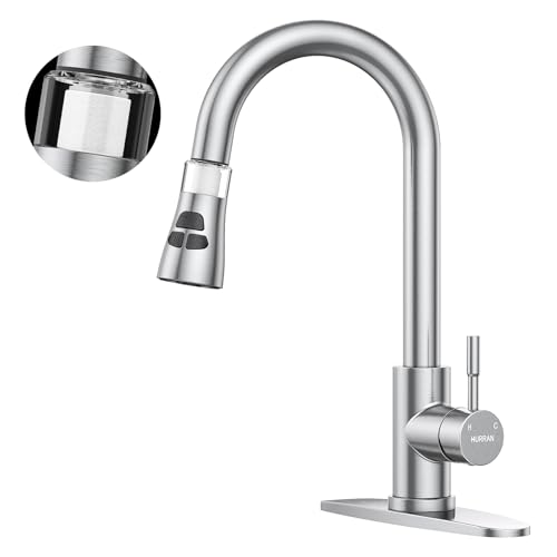 Kitchen Faucet With Pull Down Sprayer, Hurran Brushed Nickel Water Filter Faucets, High Arc Single Handle Kitchen Sink Faucet 1 or 3 Hole, Utility Sink Faucets With Deck Plate For Farmhouse Rv Wet Bar - color: Nickel