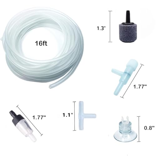 Mipukbay 16 FT Aquarium Airline Tubing Kit - Includes 2 Check Valves, 2 Air Stones, 6 Suction Cups, 2 Adjusting Valves & 2 Splitters, Aquarium Air Pump Accessories for Fish Tank Oxygen Systems