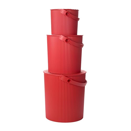 Hachiman Bucket Set of 3 - Includes Mini, Large, and Extra Large Heavy Duty Buckets with Lid and Handle - Hands-Free Filling - Easy to Stack and Store - Indoor Outdoor Use - Red - color: Red, size: Set of 3