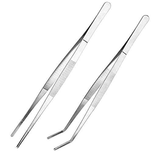 Kitchen Long Tweezers Set, LEEFONE 2 PCS 12 Inch Stainless Steel Food Tweezers with Precision Serrated Tips for Cooking & Baking (Straight + Curved)
