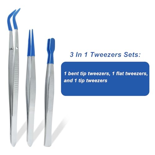 3 Pack Curved Tweezers, Silicone Rubber Bent Tip PVC Coated Soft Tip Tweezers, Non Marring Stainless Steel Tools for Jewelry Crafts/Electronics
