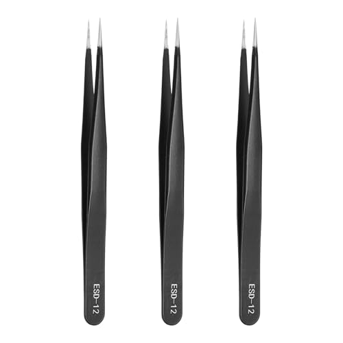 HARFINGTON 3pcs 5.31" Long ESD-12 Anti-static Straight Pointed Tip Tweezers Stainless Steel Round Edge Non-magnetic Precision Tweezers for Various Electronics Precise Repair - size: 5.31"（ESD-12)