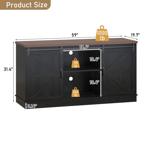 Hlivelood Farmhouse 75-120 Gallon Fish Tank Stand with Power Outlet, Aquarium Stand w/Cabinet&Sliding Barn Door, Heavy Duty Reptile Tank Stand for Fish/Turtle/Reptile Terrarium, 1000LB Capacity, Black - color: Black, size: 75-120 Gallon