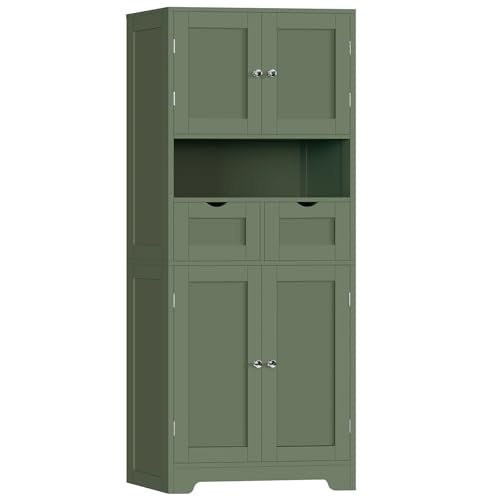 TEENFON 57.8" H Tall Bathroom Storage Cabinet with 2 Drawers & 2 Adjustable Shelves, Floor Cabinet with 4 Doors, Tall Cabinet for Living Room, Dining Room, Entryway, Forest Green - color: Forest Green 2 Drawers