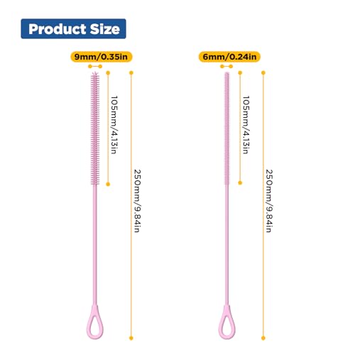 YOTIME Silicone Straw Cleaner Brush, 2Pcs Reusable Straw Brush Extra Long for Cleaning Tumbler with Handle and Glass Metal Smoothie Straws, Non-slip Handle Soft and Bendable, 6mm+9mm, Pink - color: Pink