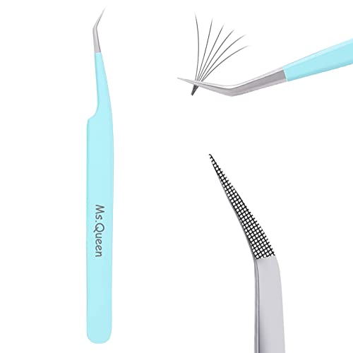 Ms.Queen Eyelash Extensions Tweezers,Professional Fiber Tip 45 Degree Lashing Tweezers for Volume Lash Extensions, Blue - style: 45 Degree Tweezers