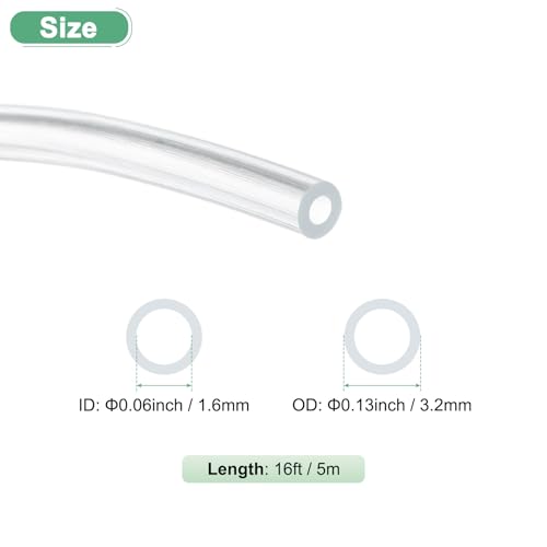M METERXITY Clear Plastic Tubing, 0.06Inch(1.6mm) ID 0.13Inch(3.2mm) OD, 16ft(5m) Length PVC Tube Low Pressure Flexible Vinyl Tubing for Garden/Water Hose Airline Tube Aquarium - size: 0.06"×0.13"×16ft
