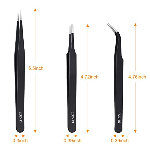 kaverme 3PCS Precision Tweezers Set, Upgraded Anti-Static Stainless Steel of Tweezers, for Electronics, Soldering, Laboratory Work, Jewelry-Making, Model, Craft - style: 3pcs