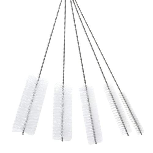 10" Lab Tube Cleaning Brush Set (5-Pack Large) - Flexible Stainless Steel Handles & Heavy Duty Nylon Bristles for Test Tubes, Bottles, Pipes, and Detailing, White - color: White, size: Large 5 Pack (8mm 12mm 16mm 20mm 24 mm)