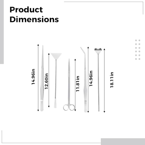 6 Pcs Stainless Steel Aquascaping Tools Kit for Aquarium Plant Care, Algae Scraper, 15 in / 38 cm Tweezers, 11.8 in / 30 cm Scissors, 12.6 in / 32 cm Sand Spatula, Acrylic Holder, Silver