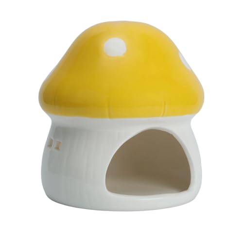 AnRui Ceramic Mushroom Aquarium Decor Cute Mini House Betta Fish Tank Accessories Decoration Hideaway Hideout Cave Ornament for Small Fish, Shrimp, Goldfish and Reptiles (Yellow, Large) - color: Yellow, size: Large