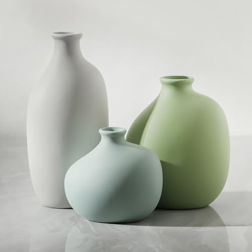 Ceramic Vase Set of 3, Small Rustic Farmhouse Pottery Vases for Home Decor, Perfect for Pampas Grass, Ideal for Living Room, Bedroom, Kitchen, Bathroom, Bookshelf, Table Centerpiece. - color: 9099-3