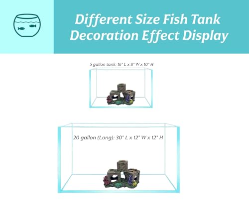 Fish Tank Decorations Hideout for Betta, Shrimp & Guppies – Two-Level Wooden Crate with Realistic Coral, Sponge & Seaweed, Stable Rock Base, Aquarium-Safe Resin - 8.5x4.3x4.9 Inch