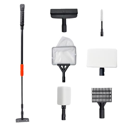 6 in 1 Aquarium Cleaning Tool Kit, Telescopic Handle Design, for 20-160 Gallon Freshwater and Saltwater Aquariums, Includes Algae Scraper, Sponge Pad, Pipe Brush, Gravel Rake, Fish Net