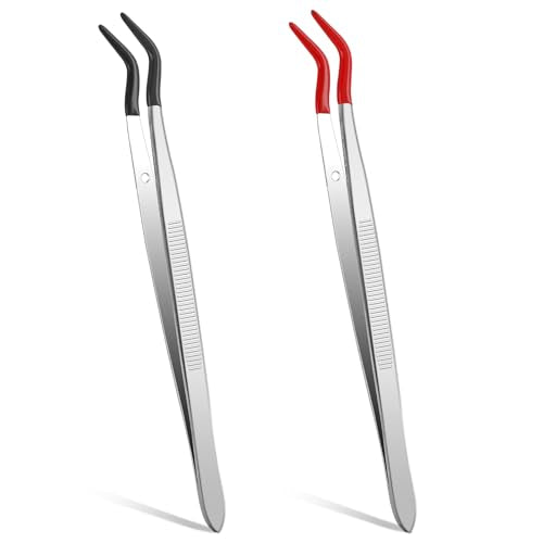 Rubber Tipped Curved Tweezers, 2 Pcs Stainless Steel Craft Tweezers PVC Coated Jewelry Tweezer Set for Crafts Stamps Coin Beads Jewelry Industrial Electronic Lab (Red, Black)