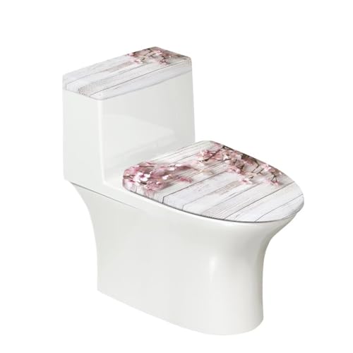 Toilet Lid Cover and Toilet Tank Lid Cover 2 PCS, with Elastic Edges Bathroom Decor Accessories Fit for Most Round Elongated and Oblong Lids, Pink Flower Wood Grain - color: Pink Flower Wood Grain