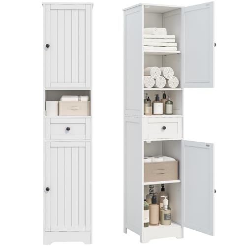 Tall Bathroom Cabinet,Storage Cabinet with 5 Shelves & 1 Drawer, with Adjustable Shelve, for Bathroom, Kitchen, Entryway, Living Room(White) - color: White