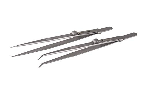 Tweezers, Precision Tweezers Set, Anti-Static Stainless Steel Curved of Tweezers, for Electronics, Laboratory Work, Jewelry-Making, Craft, Soldering, Etc（2 PCS） - color: Silvery
