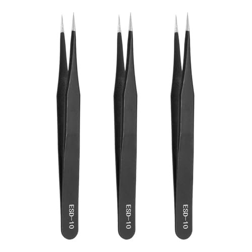 HARFINGTON 3pcs 4.8" Long ESD-10 Anti-static Straight Pointed Tip Tweezers Stainless Steel Round Edge Non-magnetic Precision Tweezers for Various Electronics Precise Repair - size: 4.8"（ESD-10)