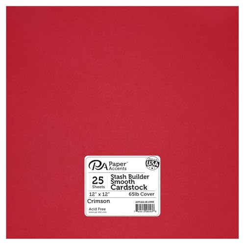 PA Paper Accents Stash Builder Cardstock Pack 12" x 12" Crimson, 65lb colored cardstock paper for card making, scrapbooking, printing, quilling and crafts, 25 pieces - color: Crimson