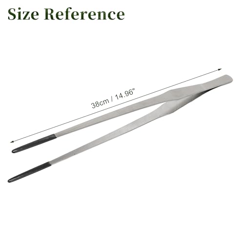 Reptile Stainless Steel Lizard Aquarium Straight Feeding Tweezers with Rubber Tip, Terrarium Feeding Tongs, 14.96" L, Black Silver Tone - color: Black, size: 14.96"
