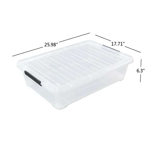 40 Quart Plastic Underbed Storage Box, Large Clear Shallow Box with Wheels Set of 3