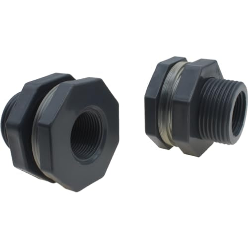 2PCS 3/4 Inch Water Tank Connector Grey PVC Female Threaded Thru-Bulk Pipe Fittings with Plug and Gasket for Rain Barrels and Aquariums