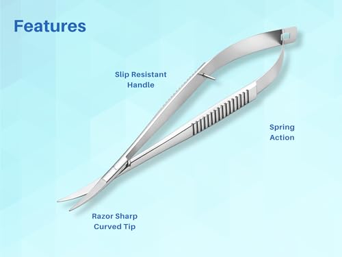 5.5” Curved Micro Scissors Castroviejo Style Premium Stainless Steel Spring Action Squeeze Scissors for Stitch Cutting, Sewing, Embroidery, Applique & Precision Craft