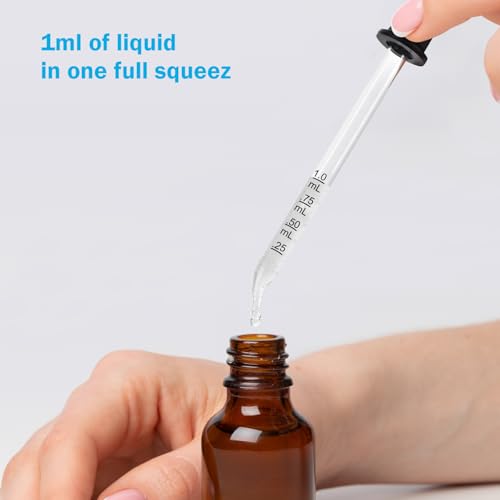 Herain 8 Pack Glass Pipette Eye Dropper, 4 Short Bent & 4 Long Straight Tips, 1 ml Ear Droppers for Essential Oils, Lab, Crafts, Measuring and Transferring a Variety of Liquids - style: Large Rubber Bulb-8pcs-Short Bent Long Straight