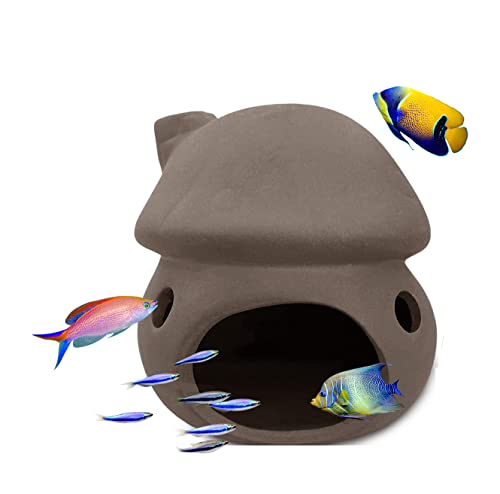 Saim Aquarium Mushroom House Decorations, Ceramic Fish Tank Cave Hideaway Small Fish Shrimp Breeding Cave Fish Tank Landscape Decor for Territorial Fish Shrimp to Rest and Breed, Hiding - Brown - color: Brown
