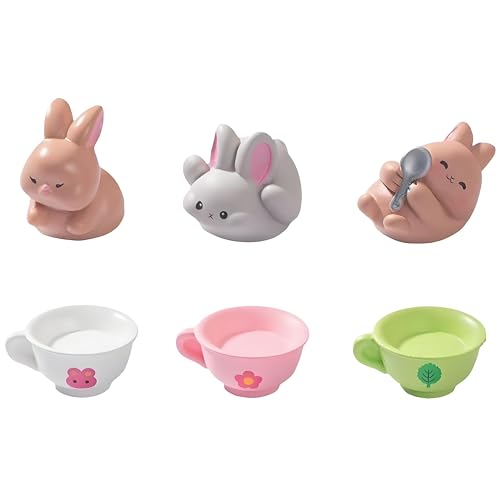 6PCS Brown Rabbit/Porcelain Cup Resin Figurines – Creative DIY Miniature Animal Ornaments for Micro Landscape, Fish Tank Aquarium Decor, Fairy Garden, Moss Decoration, Desktop Display, Car Accessories